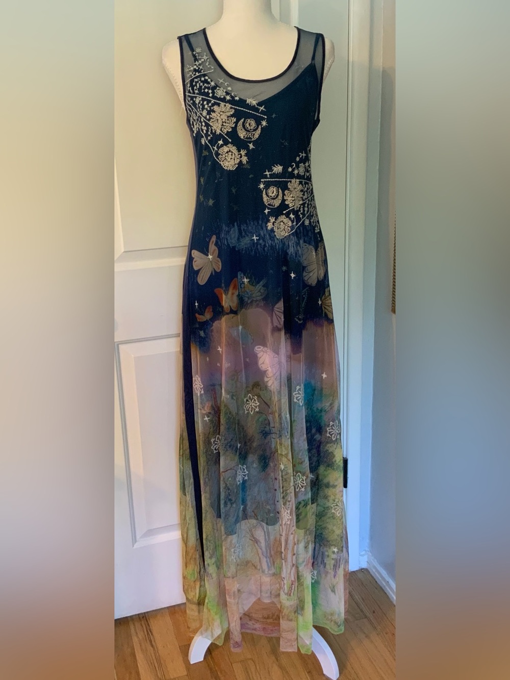 NWT Johnny Was Aurelius Mesh Embroidered Dress Over Printed Slip - Picture 2 of 14